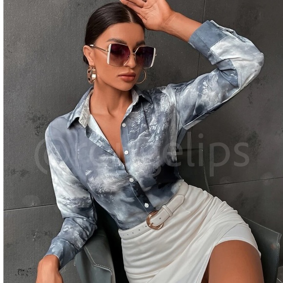 Rouge! Tops - Abstract Marble Print Button Down Collared Long Sleeve Dress Shirt Top Grey